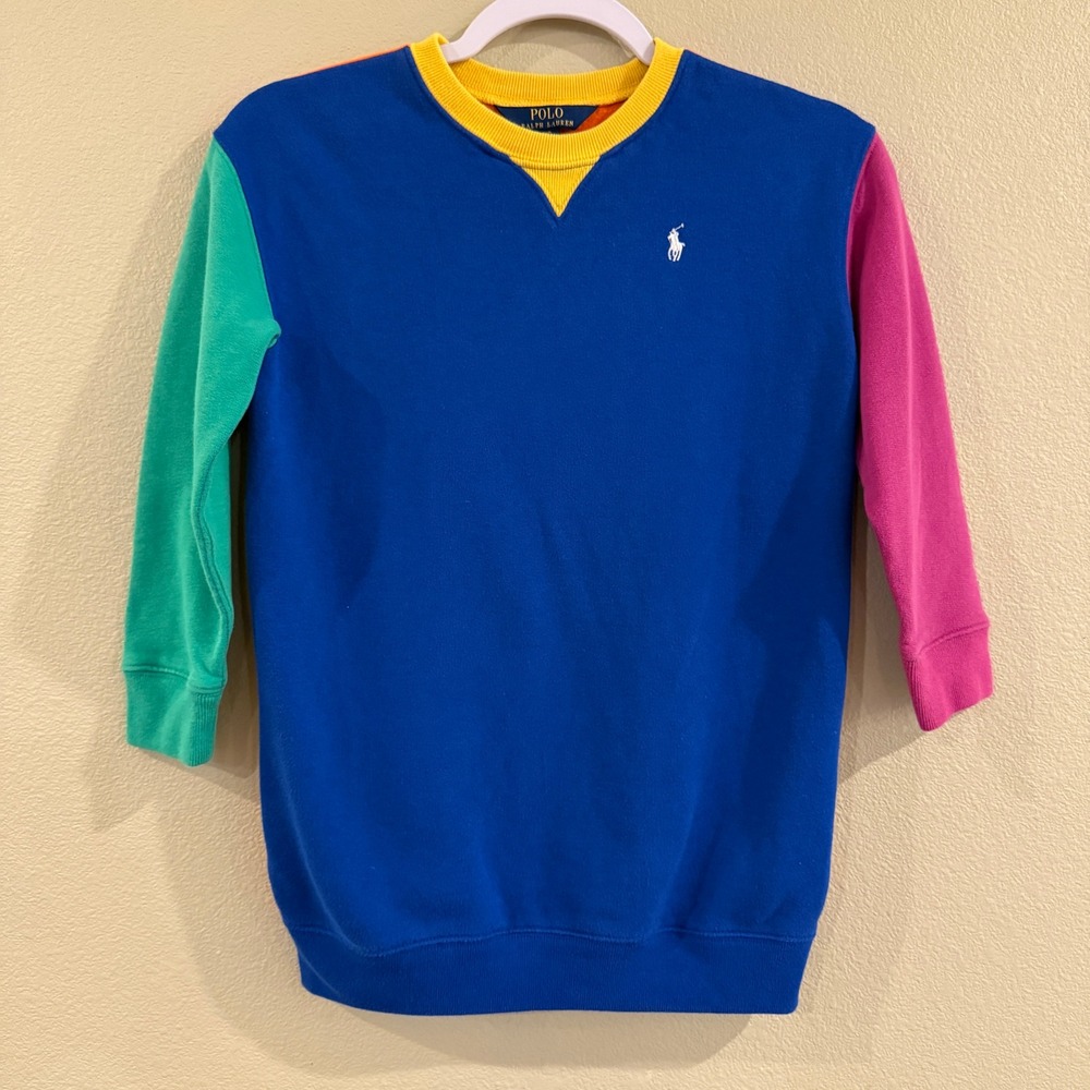Polo Ralph Lauren Sweatshirt Dress Kids Size 7 Multicolor Colorblock Fleece Prep